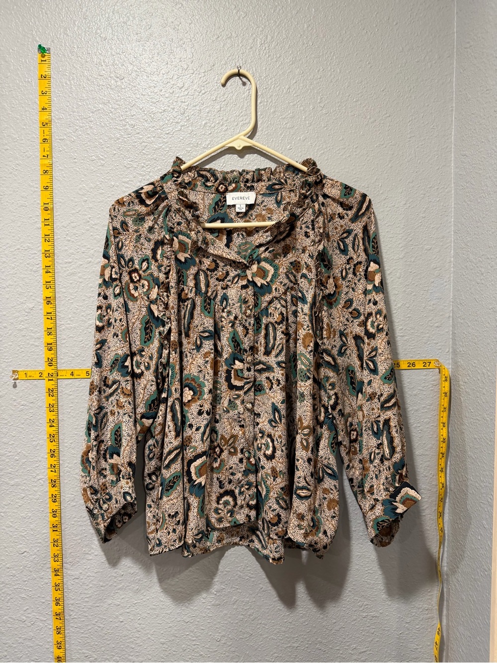 Evereve Floral Paisley Tie Neck Blouse Size L Boho Long Sleeve Top